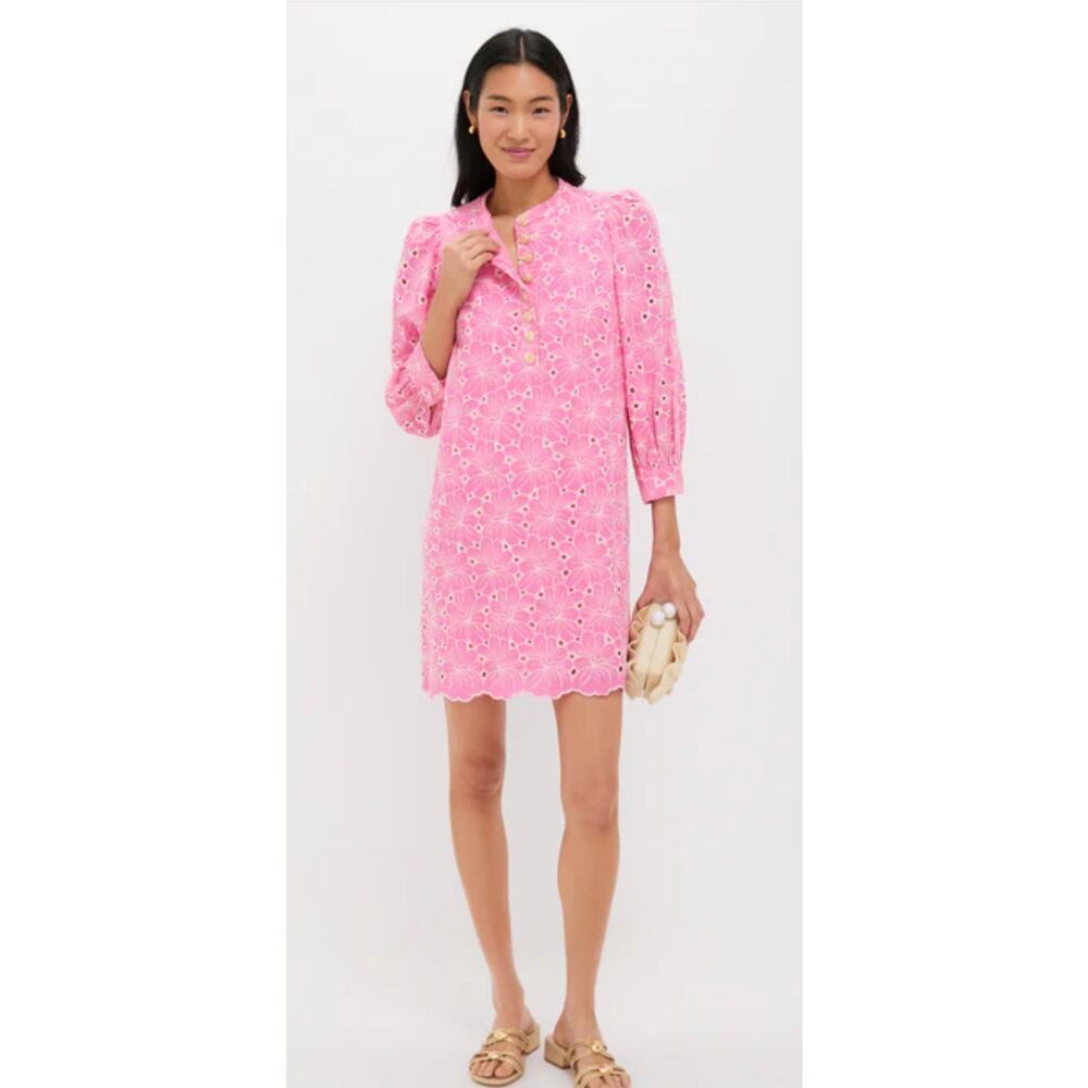 Pomander Place x Tuckernuck Pink Eyelet Samantha Dress Small Gold Button Mini
